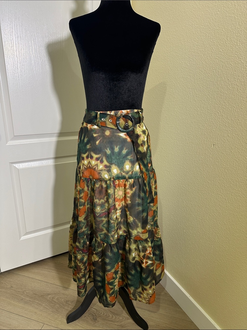 Live 4 Truth Green and Orange Tiered Maxi Skirt with Belt. Small